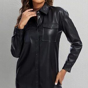 S P Y M Women Faux Leather Jacket Soft Shirt Shacket with Pockets, size 8, black